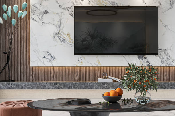 Modern Minimalist Living Room with Marble Wall and Stylish TV Setup