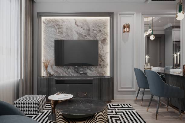Modern Living Room with Marble TV Wall and Stylish Black Furniture