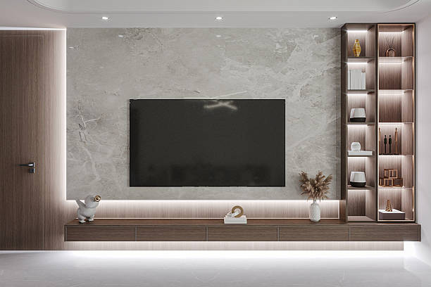 Contemporary Media Center-Elegant TV Unit with Illuminated Marble Backing