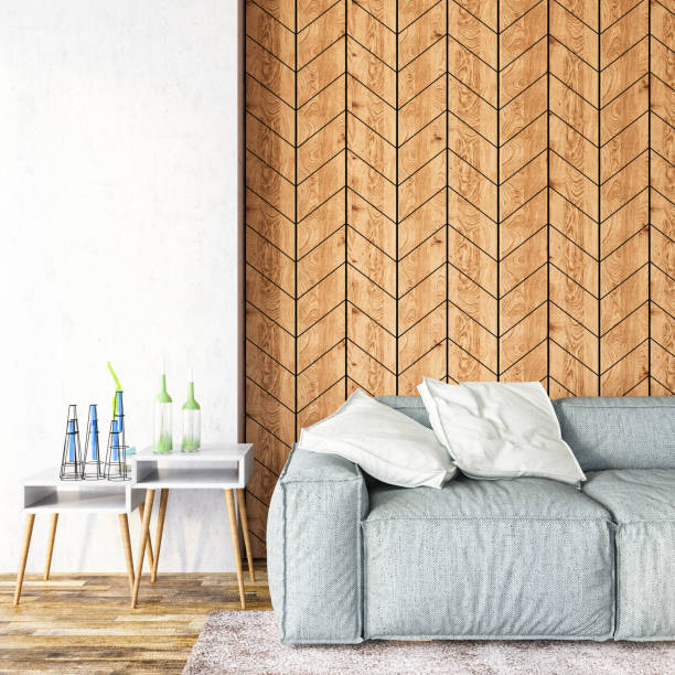Sofa with Wooden Wall. 3d Render